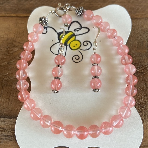 Rose quartz bracelet and earrings - Picture 1 of 3